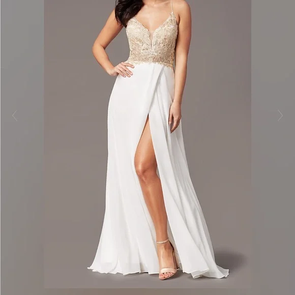 Dresses | Gold And White Long Dress With Slit | Poshmark